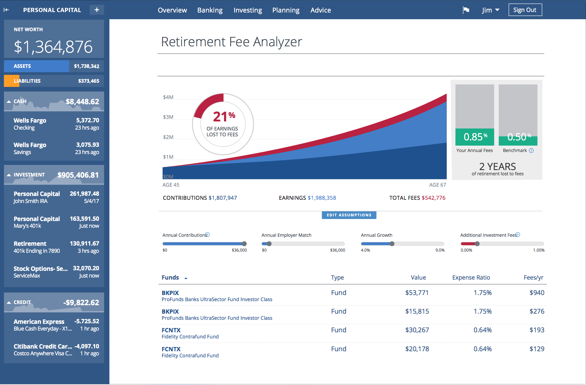 Personal Capital Retirement Fee Analyzer