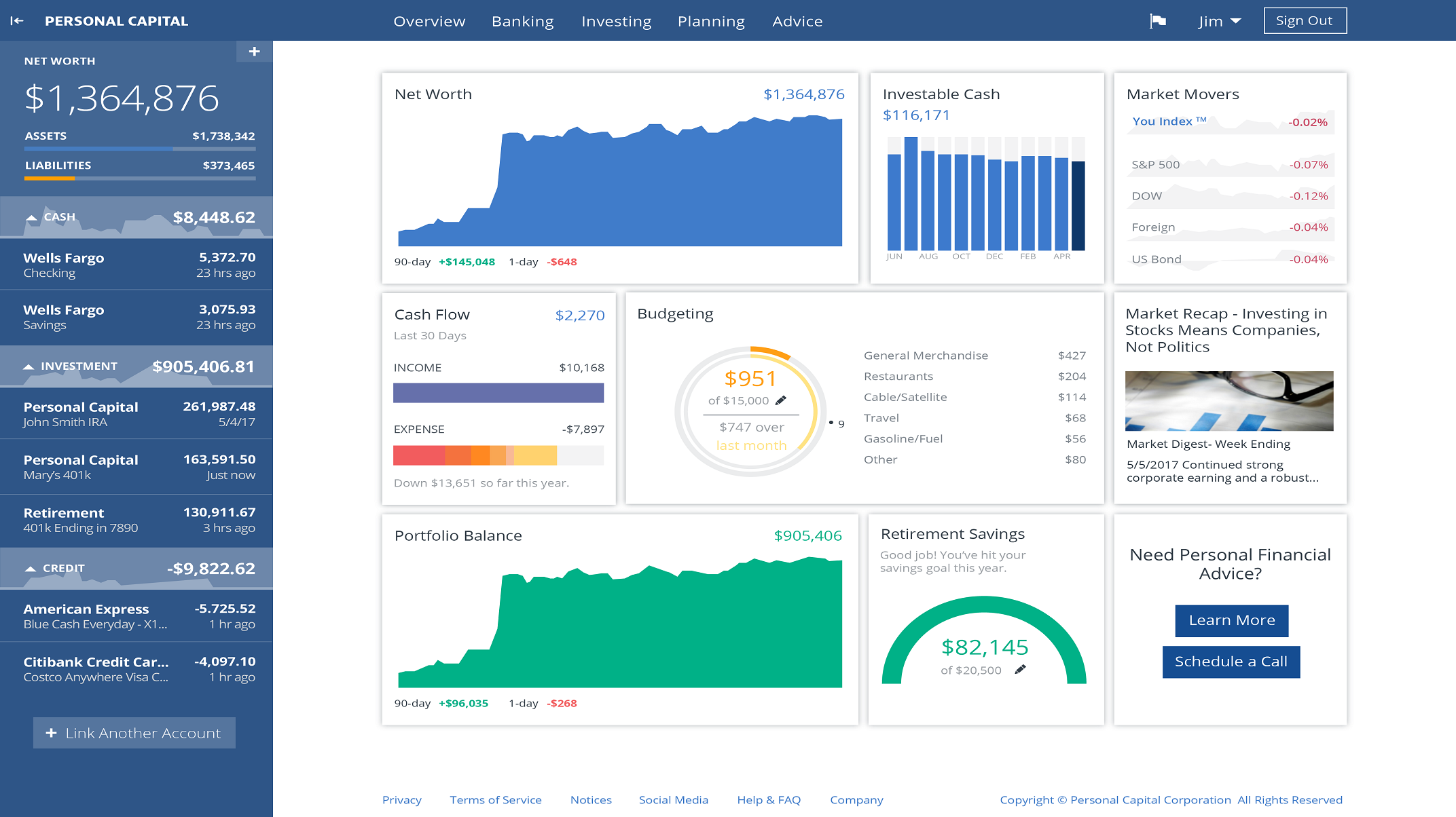 Screenshot of the Personal Capital financial dashboard to simplify your finances.