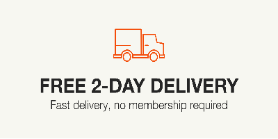 Cartoon delivery truck with words, FREE 2 DAY DELIVERY, Fast delivery, no membership required What is in Home Depot