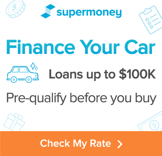 Supermoney ad with texts that says "Finance Your car. Loans up to $100k. Pre-qualify before you buy. Check my rate."